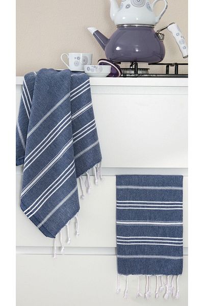 Miracolo Home Set de 2 Sultan Peşkir - cârpă de uscare cu dungi bleumarin și alb