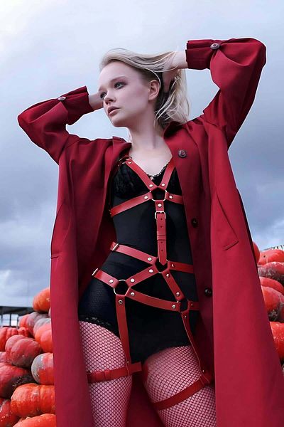 Angels Passion Red Colored Fancy Leather Harness That Hugs the Body