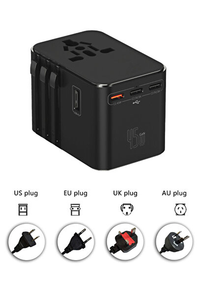 Aksesuarcı 45W Şarj Cihazı ve 2x USB ve 3x TYPE-C Universal Priz Dönüştürücü 200'den Fazla Ülke ile Uyumlu