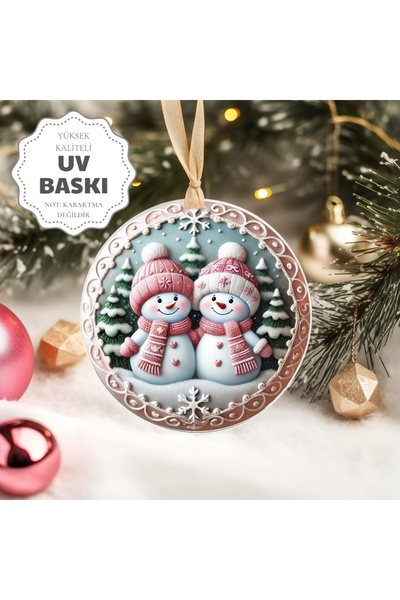 Sevimli Hediye Christmas Pine Tree Ornament - 3D Design Uv Printed - Snowman and Woman