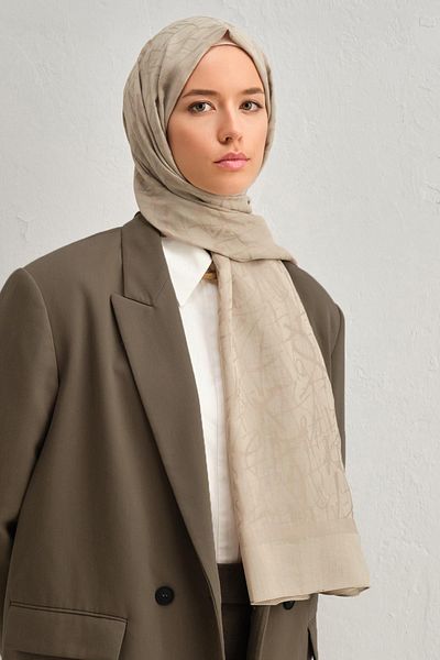 Armine Tensel-Silk Shawl - Calligraphy Pattern - Atn3 - 32102 - Latte