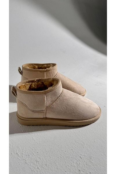 Eataly Shoes Botine ultra mini bej din piele intoarsa cu talpa plată