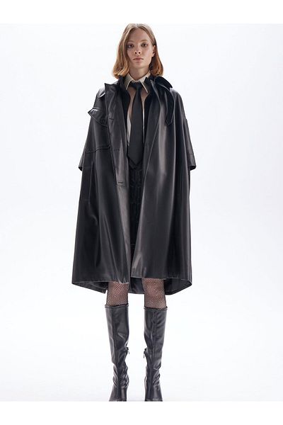 RİVUS Short Sleeve Long Vegan Leather Coat - Black