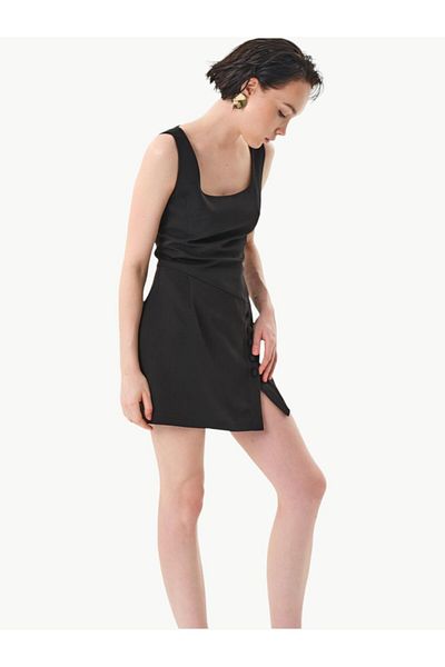 RİVUS Black Square Collar Button Detailed Dress