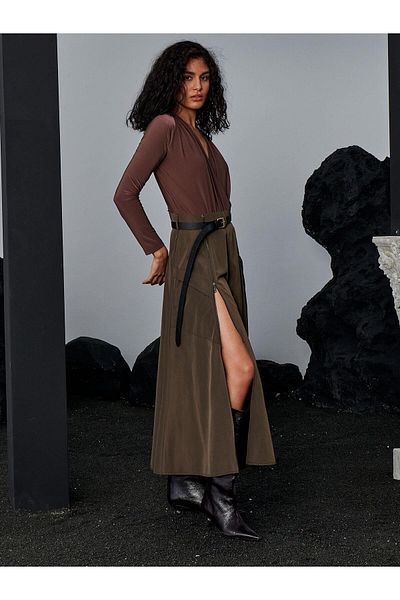 RİVUS Waist Belted Zippered Slit Detail Pocketed Skirt - Khaki