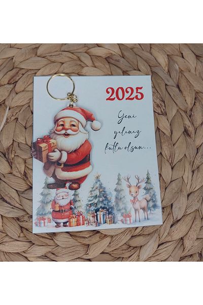 Ege ajans 10Pcs (with Card and Gelatin) Christmas Concept Santa Claus Wood Keychain