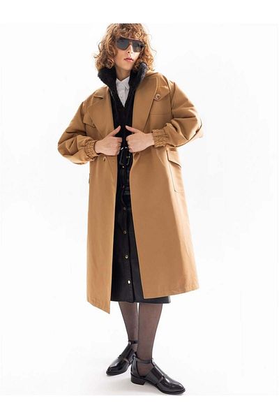 RİVUS Μπαλόνι μανίκι Camel Trench με ελαστικό μανίκι και ζώνη μέσης - Camel