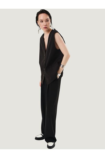 RİVUS Black Crepe Palazzo Trousers - Draped Wide Leg