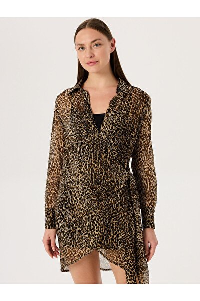 RİVUS Leopar Desenli Bağlama Detaylı Şifon Elbise - Leopar