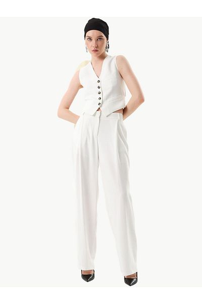 RİVUS Ecru Crepe Palazzo Trousers - Wide Leg, Flowy