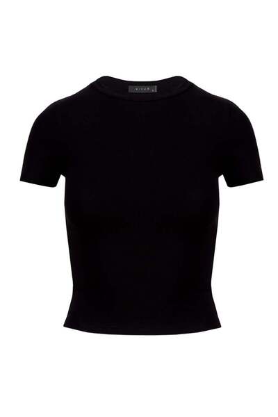 RİVUS Crew Neck Basic Crop T-Shirt - Black