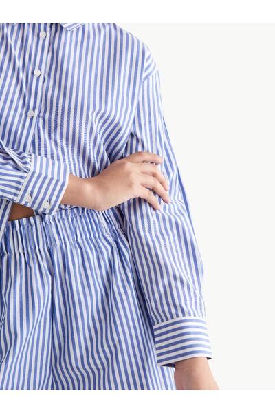 RİVUS Blue Striped Oversize Off-Shoulder Shirt