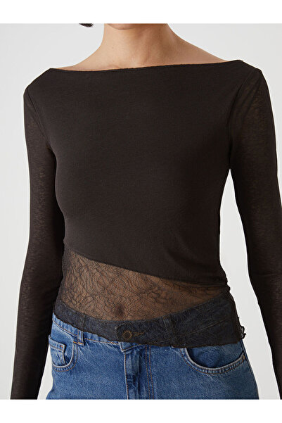 LC Waikiki Brown Boat Neck Lace Detailed Women's Blouse