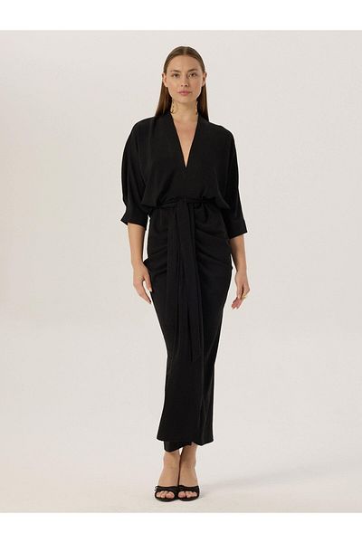 RİVUS Black Dress with Ornamental Buttons and Gathered Slits