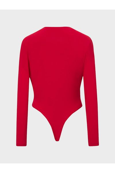 RİVUS Gathered Long Sleeve Bodysuit with V-Neck -Red