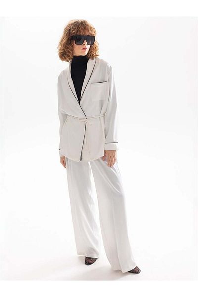 RİVUS Wrap Closure Satin Pajama Jacket - Ecru