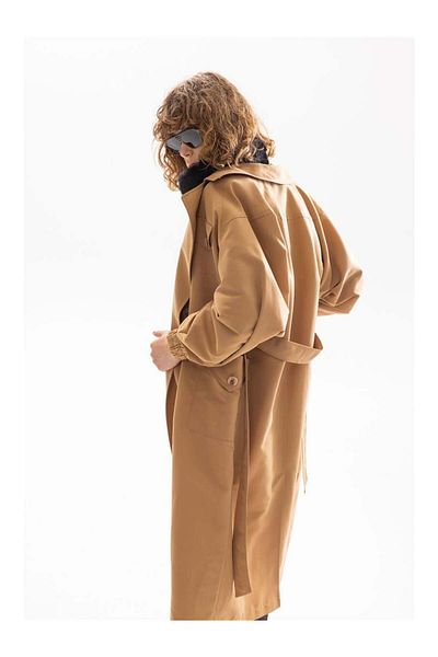RİVUS Μπαλόνι μανίκι Camel Trench με ελαστικό μανίκι και ζώνη μέσης - Camel