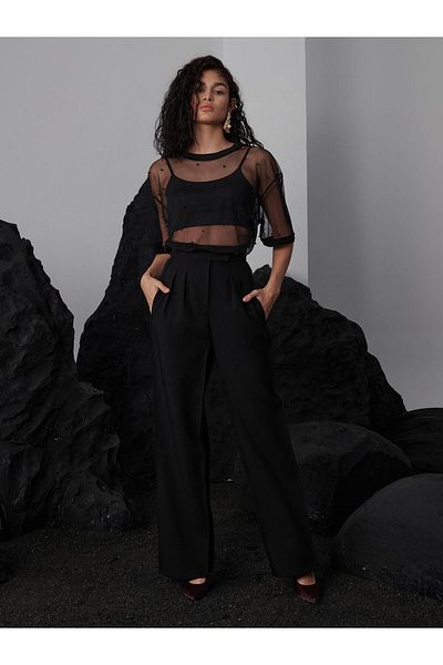 RİVUS Black Oversize Pearl Tulle T-Shirt