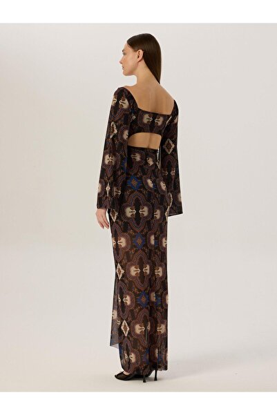 RİVUS 2 Parça Önü Bağlamalı Dekolteli Uzun Elbise - Desenli