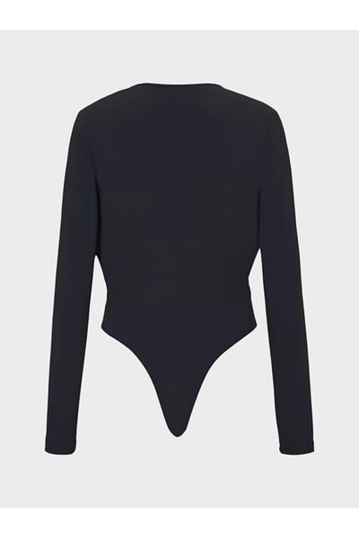 RİVUS Gathered Long Sleeve Bodysuit with V-Neck - Black