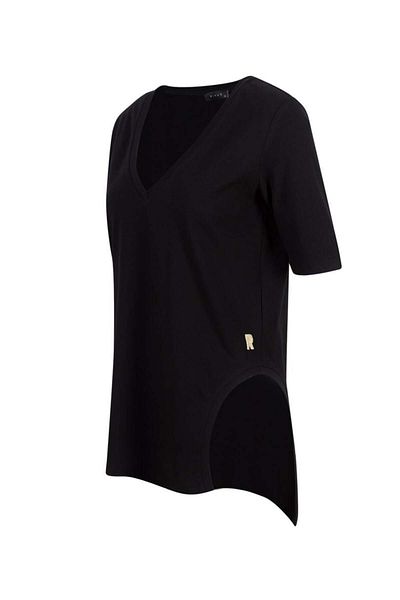 RİVUS V-Neck Long Front and Back Basic T-shirt - Black