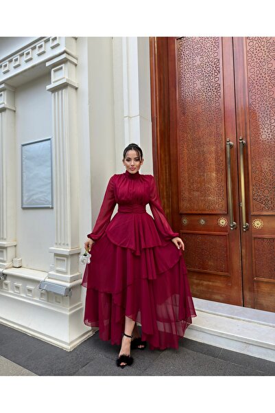 BY MELİS BUTİK BORDO KATLI ŞİFON ABİYE ELBİSE
