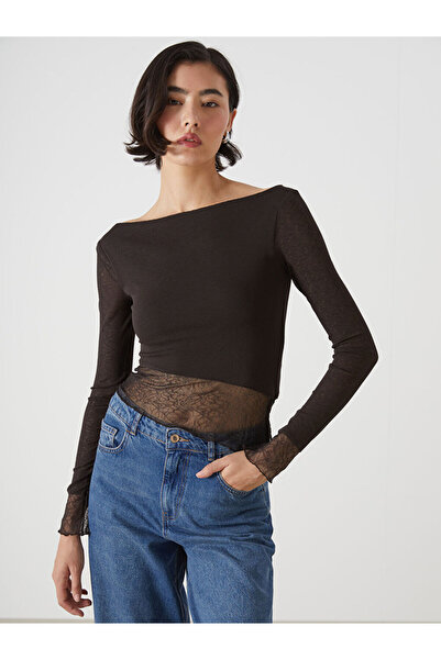 LC Waikiki Brown Boat Neck Lace Detailed Women's Blouse