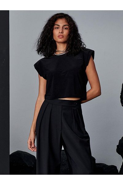 RİVUS Oversize Cut Padded Draped Crew Neck T-Shirt - Black