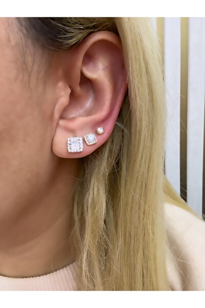 Hicrans Takı KARE MODEL TAŞLI ÜÇLÜ SET ÇELİK KÜPE