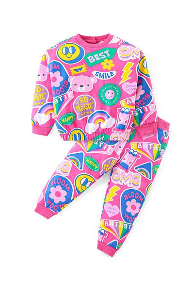 Babyhug Babyhug Cotton Knit Full Sleeves Text Printed T-Shirt & Lounge Pants Co/ord Set - Pink