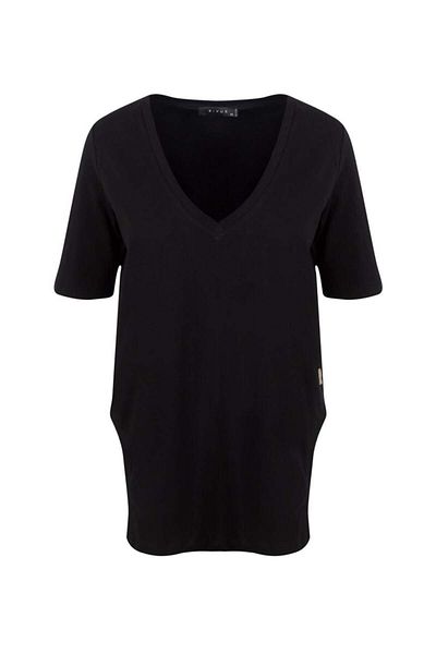 RİVUS V-Neck Long Front and Back Basic T-shirt - Black