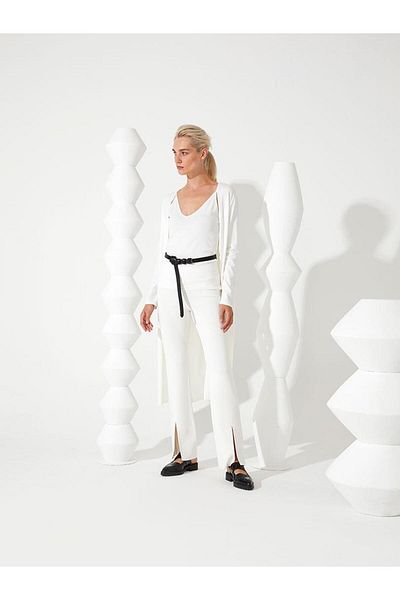 RİVUS Midi Length Knitwear Trousers with Front Slit - Ecru