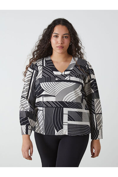 LC Waikiki Black V-Neck Patterned Women's Blouse