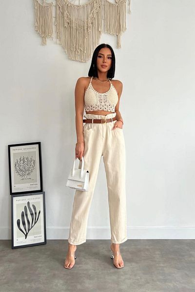 Neşeli Butik Women's Belt High Waist Cotton Trousers Nbasp7299