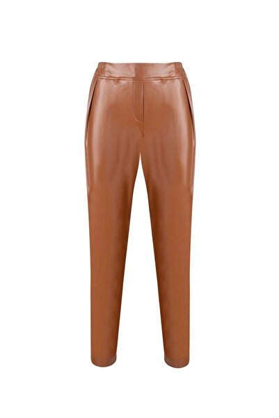 RİVUS Beli Lastikli Pileli Vegan Deri Pantolon - Taba