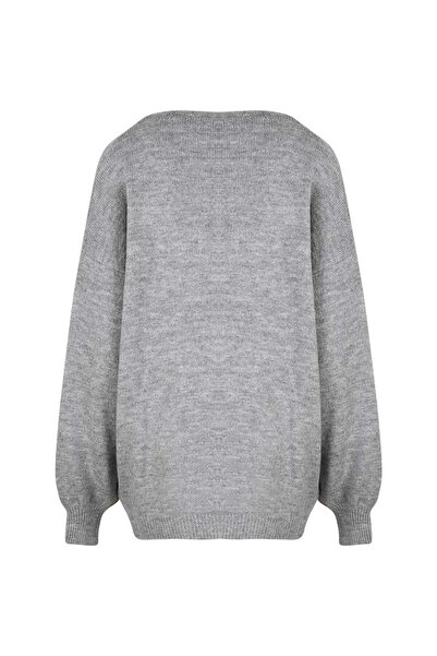 RİVUS V Yaka Oversize Triko - Gri Melanj