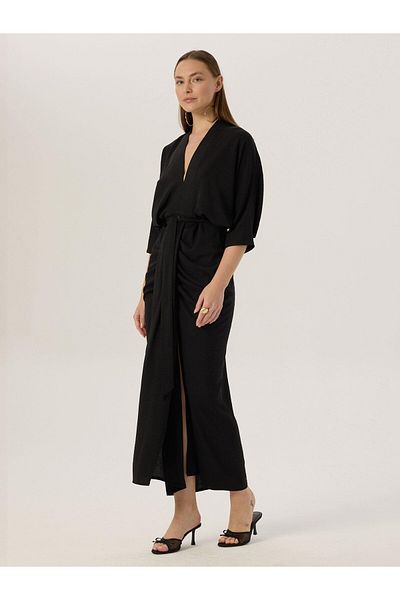 RİVUS Black Dress with Ornamental Buttons and Gathered Slits