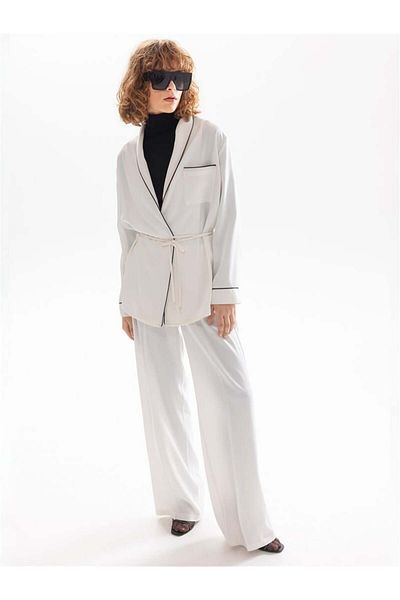 RİVUS Wide Leg Satin Trousers with Elastic Waist - Ecru