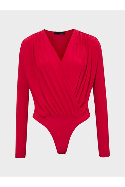 RİVUS Gathered Long Sleeve Bodysuit with V-Neck -Red