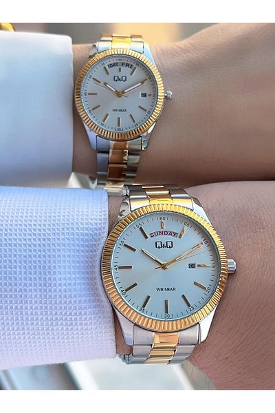 Q&Q Couple Special Steel Band Guaranteed Calendar Dial 3 Atm Lover Combination Wrist Watch Ec.Byn041.J