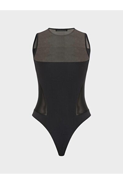 RİVUS Tulle Low-Cut Detail Crew Neck Sleeveless Bodysuit - Black
