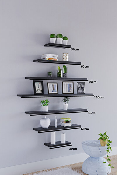 yankı-byeg 7li Mat Siyah Mdf Uçan Duvar Rafı Gizli Bağlantı Kitaplık