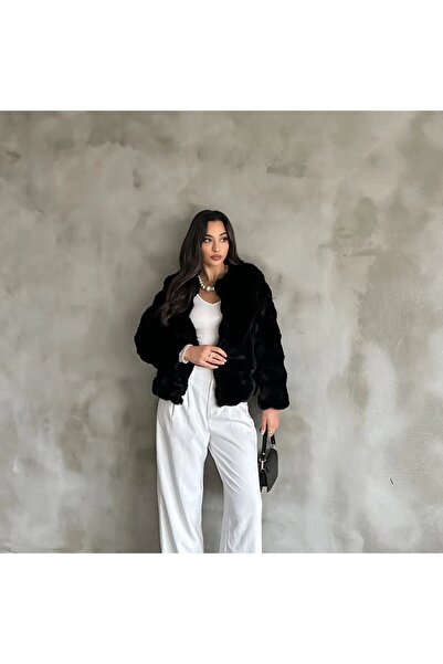 manana fashion Palton negru de blană de calitate premium