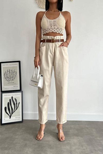 Neşeli Butik Women's Belt High Waist Cotton Trousers Nbasp7299
