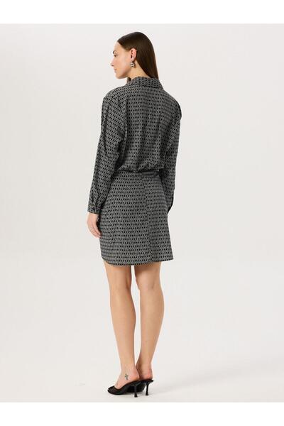 RİVUS Tie Patterned Shirt Dress with Tie Detail - Black