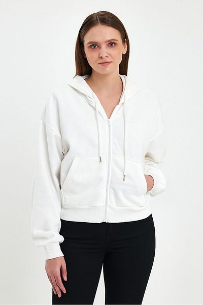 ZACHARIUZ Ecru Long Sleeve Hooded Zippered Sweatshirt 0091