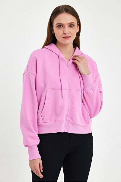 ZACHARIUZ Růžová mikina na zip s dlouhým rukávem a kapucí 0089