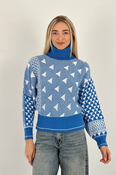 Miss Poem ,Women's Throat Jacquard Bat Sleeve Winter Blue Knitwear Sweater