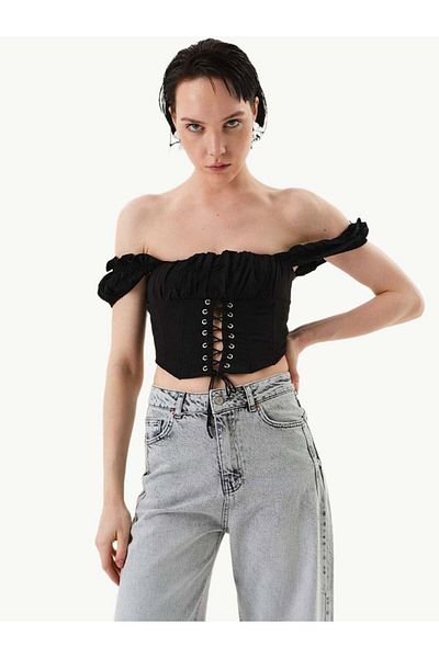 RİVUS Black Gathered Low Sleeve Bustier