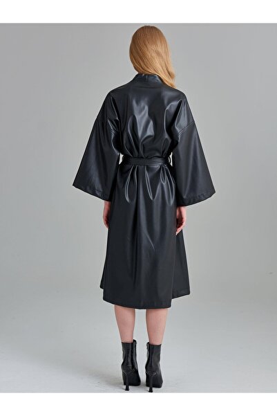 RİVUS Long Vegan Leather Jacket with Belted Waist - Black